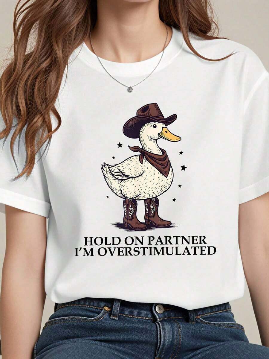 T-Shirt With Cowboy Duck Print, Hat And Boots, Casual Design, Loose Fit, Round Neck, Short Sleeve, For Women, Fun And Humorous T-Shirt, 180g Cotton Blend, Comfortable For Everyday Wear, Perfect For Casual Outings Or Parties. - 白色 - 查看 1