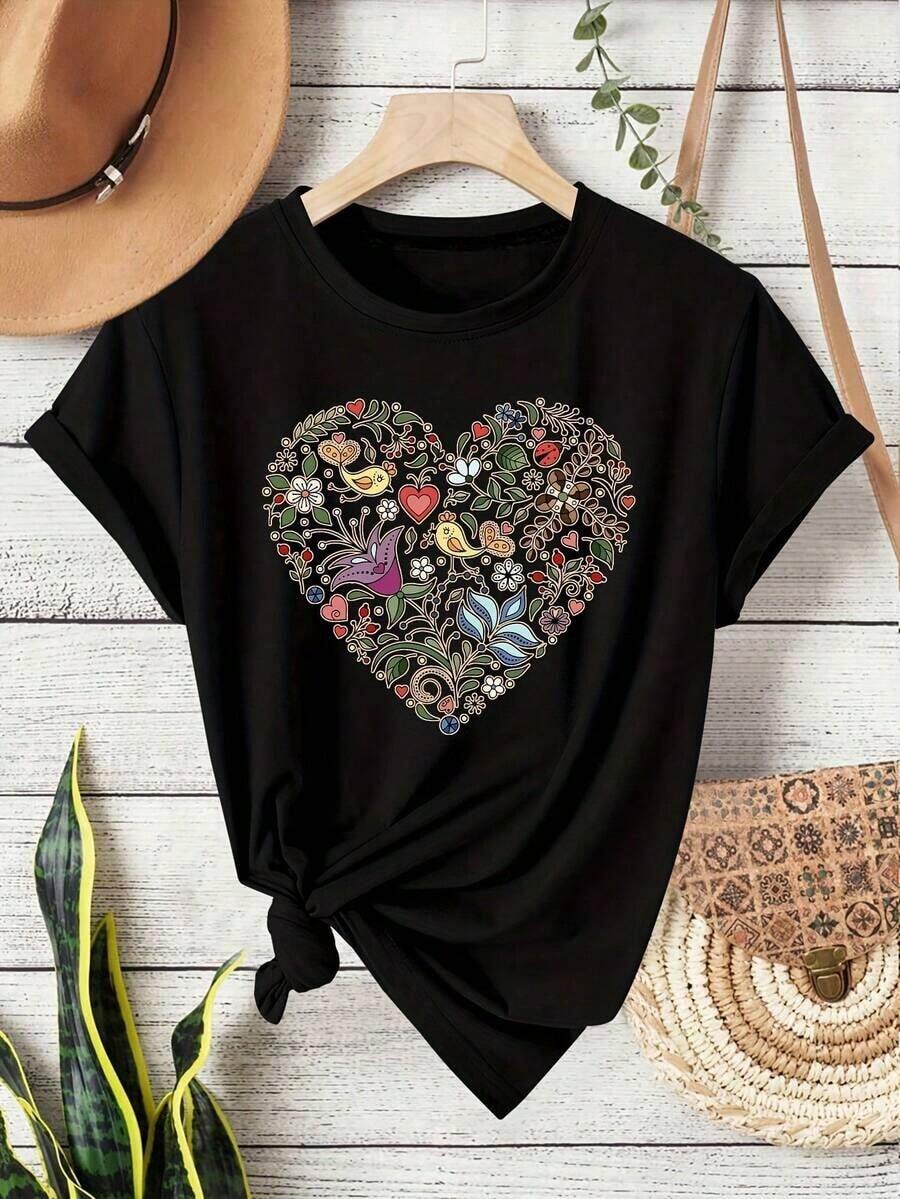 Women's Short-Sleeved T-Shirt With A Round Neck And A Vintage Bohemian-Style Bird And Flower Print, By SimpieAndVersatileDesign, Suitable For Various Occasions In Spring, Summer And Autumn, For Both Casual And Formal Wear, Vintage Aesthetic Style, Made Of Pure Cotton, This T-Shirt Is The Best Gift For Friends Or Family, Unisex, Available In Sizes S-XXXL, Pure Cotton T-Shirt. - 黑色 - 查看 1
