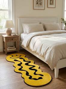 1pc Dopamine Yellow Smiling Face Wavy Long Rug, Bedroom Bedside Decor Carpet, Multiple Sizes Available, Decorative Rug, Bedroom Decor, Small Rug, Carpet, Home Decor, Living Room Carpet, Living Room Small Rug, Bedroom Rug, Living Room Home Decor, Outdoor Rug, Washable Carpet - Yellow-black - View 3