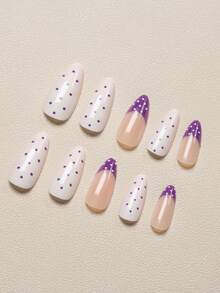 24pcs White Polka Dot Nail Stickers, Short Almond-Shaped Nail Art Set, Includes 1 Adhesive Sticker Sheet And 1 Mini Nail File, Suitable For Daily Wear - Mauve Purple - View 6
