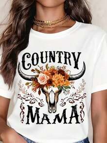 Women's T-Shirts, Mother's Day T-Shirt, Bull Skull And Flower Design, Casual Autumn Style, Round Neck, Short Sleeve, Perfect As A Birthday Gift And For Mother's Day, Suitable For Wearing In All Seasons And In Everyday Outdoor Life. - 白色 - 查看 6