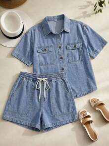 Conjunto de camisa casual lavada con bolsillo y shorts vaqueros para mujer, de verano - Azul - Ver 3