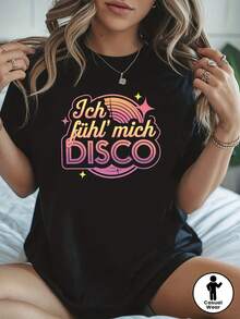 Camiseta de manga corta con cuello redondo para mujer, estilo retro disco, con estampado gráfico alemán 'I Feel DISCO', perfecta para salidas informales, regalos festivos y reuniones, con un estilo básico universal. - Negro - Ver 1