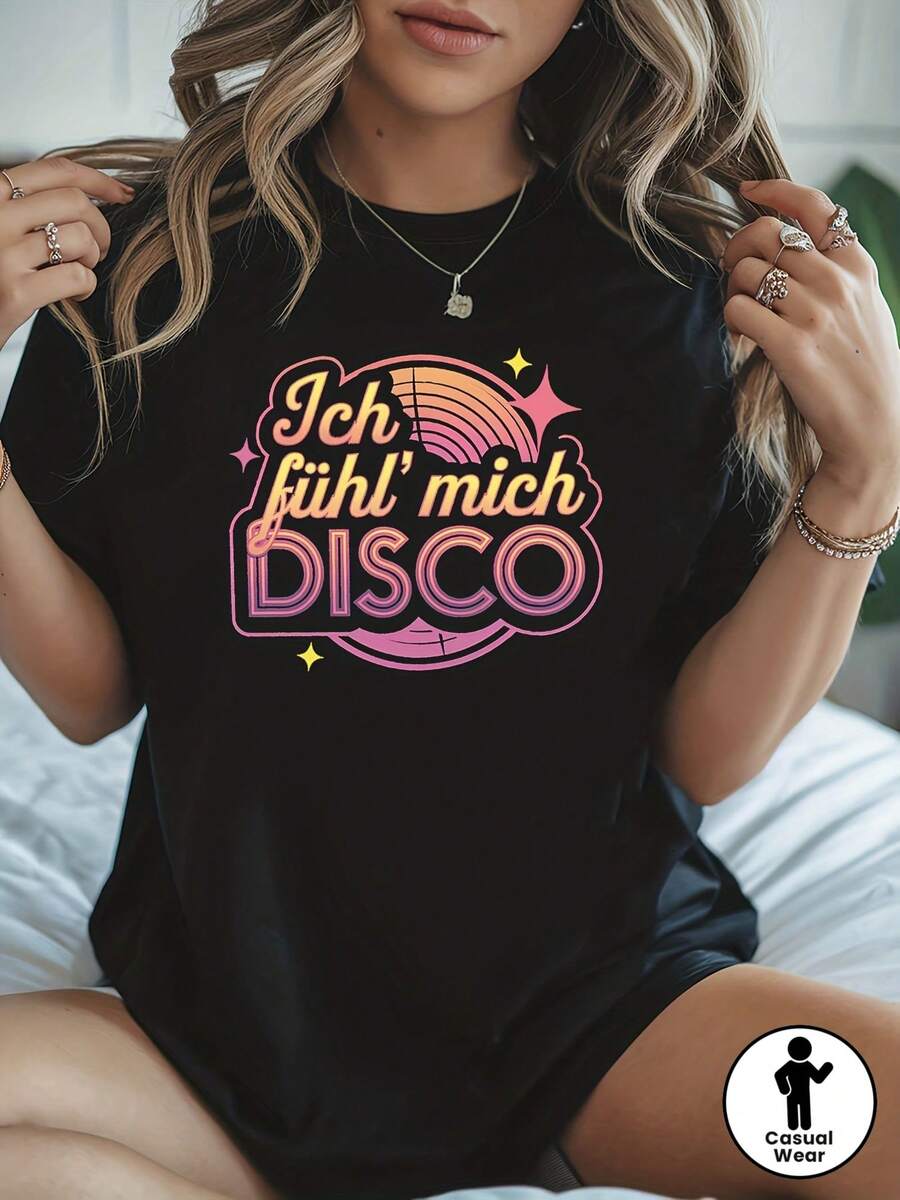Camiseta de manga corta con cuello redondo para mujer, estilo retro disco, con estampado gráfico alemán 'I Feel DISCO', perfecta para salidas informales, regalos festivos y reuniones, con un estilo básico universal. - Negro - Ver 1