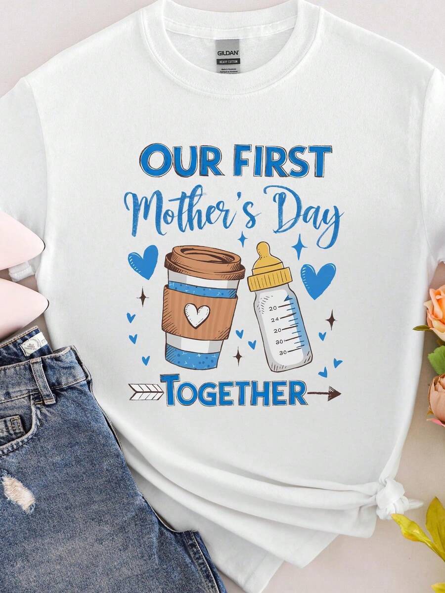 New Fashionable Women's Crew Neck T-Shirt, Cotton, Minimalist Casual Style, First T-Shirt For Mother's Day | Gift For New Mothers, Matching Sets For Mom, Boy, Girl, And Baby. | Everyday Wear T-Shirt, Versatile, Comfortable, Stretchy, Soft, Casual, Breathable, Non-Stretch Fabric, Crew Neck, Short Sleeves, Suitable For All Seasons. Plain White T-Shirt, Versatile Design For Summer. - 白色 - 查看 1