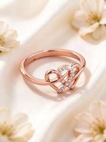 1pc French Elegant Romantic Heart-Shaped Women's Ring, Hollow Design, Inlaid With Round Synthetic Zirconia, Perfect Ideal Proposal, Confession Surprise Gift For Valentine's Day, Suitable For Wedding, Engagement - Rose Gold - View 2