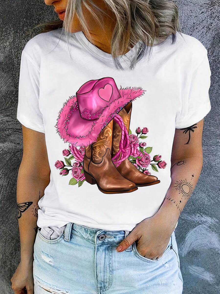 Western Cowboy Print T-Shirt [Printed Pants - Not Denim Fabric], Gift For Western Cowboy Enthusiasts, T-Shirt For Western Cowboy Lovers, Long Rose Boots - [白色的] - 查看 1