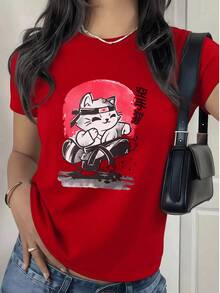 Fashionable Women's T-Shirt, Comfortable Women's T-Shirt With Karate Cat Design, Casual And Fun Style, 180g, Ideal For An Original And Modern Look. - 紅色 - 查看 1