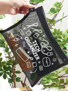 網格化妝包印有「Travel Charger」字母圖案，旅行網格盥洗包，夏季度假必備。便攜式化妝品收納包，多功能收納包，電子設備收納，數據線收納，適用於度假、辦公室、購物、酒店、返校禮物、生日禮物、旅行配件、教師節禮物、婚禮配件 - 彩色 - 查看 3