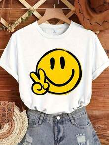 Fashion Printed T-Shirts For Women, Oversized Streetwear Tops, Comfortable And Stylish All-Match Summer Tees. Women's T-Shirt With Happy Face Print In Turquoise - Casual Short Sleeve T-Shirt With Round Neck And Cheerful Yellow And Black Trim, Relaxed Fit For All Seasons, Blouse For Everyday And Vacation Wear (Machine Washable) Back To School, Party, Gym, Beach, Going Out With Friends - 白色 - 查看 6