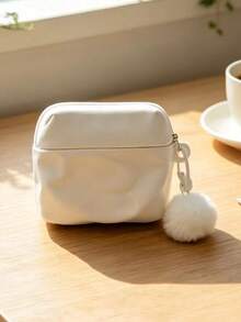 Novelty Minimalist White Cloud Wrinkled AirPodHeadphone Case, Soft Silicone Pouch Style Protective Cover With Fuzzy Pom Pom Keychain, Shockproof Earbud Case For AirPod3/4 & Pro/Pro 2/Pro3, Aesthetic Daily Use Accessory - White - View 2