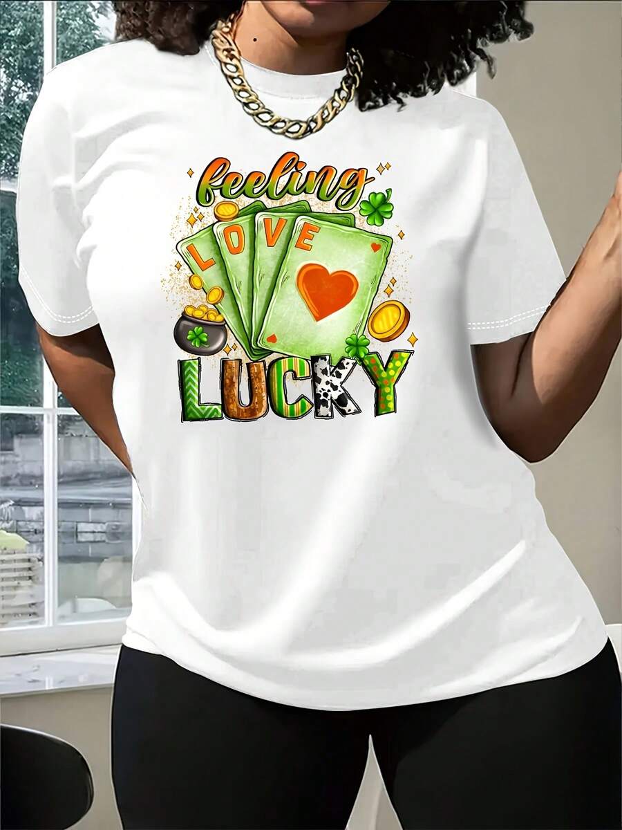 Camiseta de Manga Corta para Mujer con Cuello Redondo, Estilo Casual Perfecto para Primavera y Verano, Estampado de Cartas del Día de San Patricio y Monograma 'LOVE LUCKY' - Blanco - Ver 1