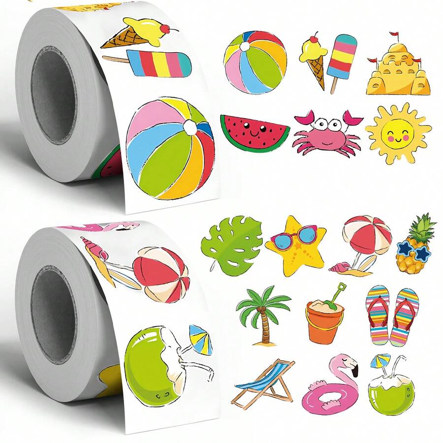500pcs Asymmetrical Summer Beach Doodle Stickers, 2 Styles, 1 Inch Assorted Patterns Incl. Beach Volleyball, Coconut Tree, Waterproof Seal Labels For Envelopes, Magazines, Phone Cases, Cups, Helmets, Scrapbooks, Party Gifts, PVC Sticker Seals - Alien Summer Beach - View 1