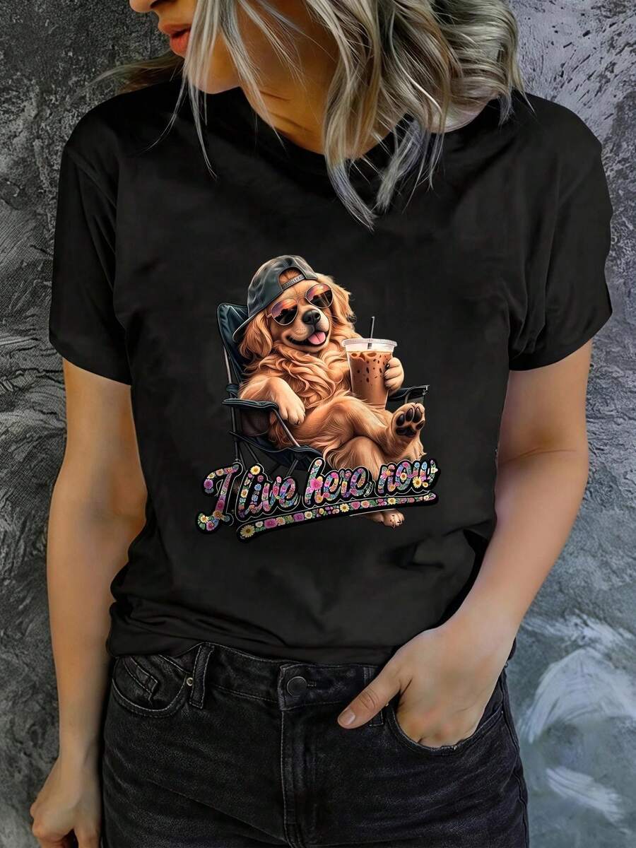 Camiseta Deportiva Casual para Mujer con Gráfico de Golden Retriever y Perritos Calientes - Camiseta Negra Elástica de Cuello Redondo, Lavable aáquina, Ajuste Cómodo y para Todas las Estaciones. - Negro - Ver 1