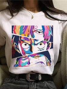 Camiseta con estampado gráfico, top casual de manga corta y cuello redondo para verano y primavera, ropa de mujer - Blanco - Ver 2