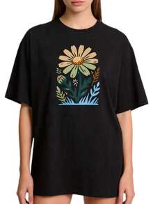 Women's Premium Floral Print Crew Neck Basic T-Shirt, Sizes S-2XL, Black And White Daisy Flower Design, 100% Solid Color, Suitable For Matching Family Sets And Couples, Ideal For Spring And Summer, Best Gift For Mother's Day, Perfect Gift For Mom/Family/Friends, . - 黑色 - 查看 1