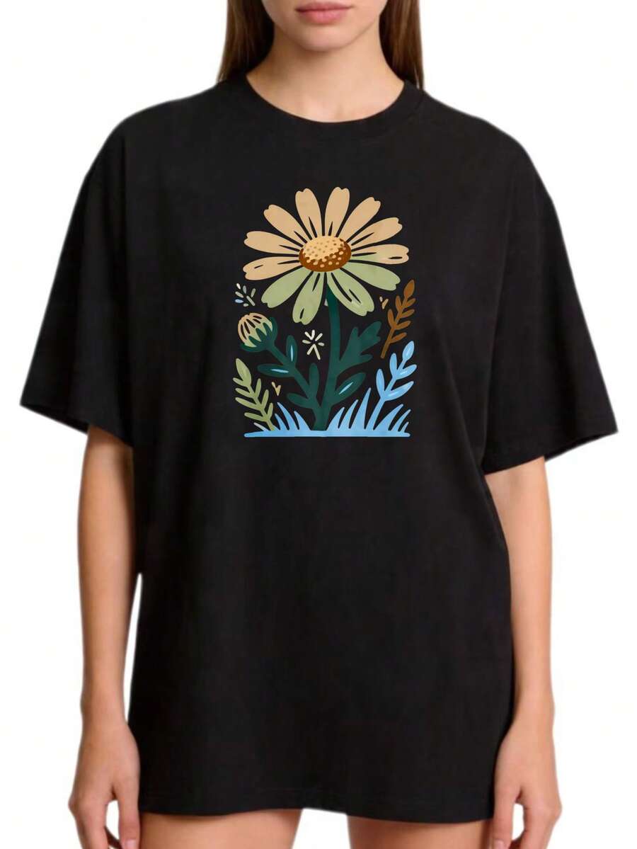 Women's Premium Floral Print Crew Neck Basic T-Shirt, Sizes S-2XL, Black And White Daisy Flower Design, 100% Solid Color, Suitable For Matching Family Sets And Couples, Ideal For Spring And Summer, Best Gift For Mother's Day, Perfect Gift For Mom/Family/Friends, . - 黑色 - 查看 1