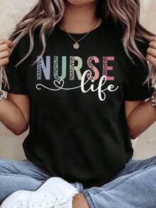 Nurse Life Leopard Print T-Shirt For Nurses Nursing Career Gift Work Wear Uniform Top Women Fashion Shirt,220g-Vintage Street Style Unisex Loose Cotton Short Sleeve Crew Neck T-Shirt100%Cotton - 黑色 - 查看 7