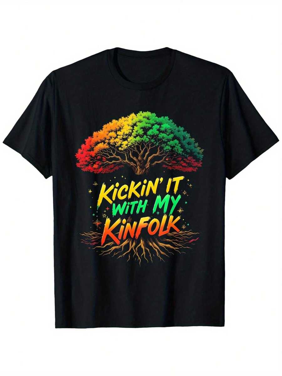 Camiseta Deportiva Casual para Mujer con Diseño de Árbol Multicolor y Texto Kinfolk - Camiseta Negra Elástica de Cuello Redondo, Lavable aáquina, Ajuste Cómodo, para Todas las Estaciones. - Negro - Ver 1