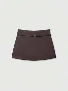 Falda pantalón de verano con cinturón de cremallera de unicolor para mujer - Marrón - Ver 1