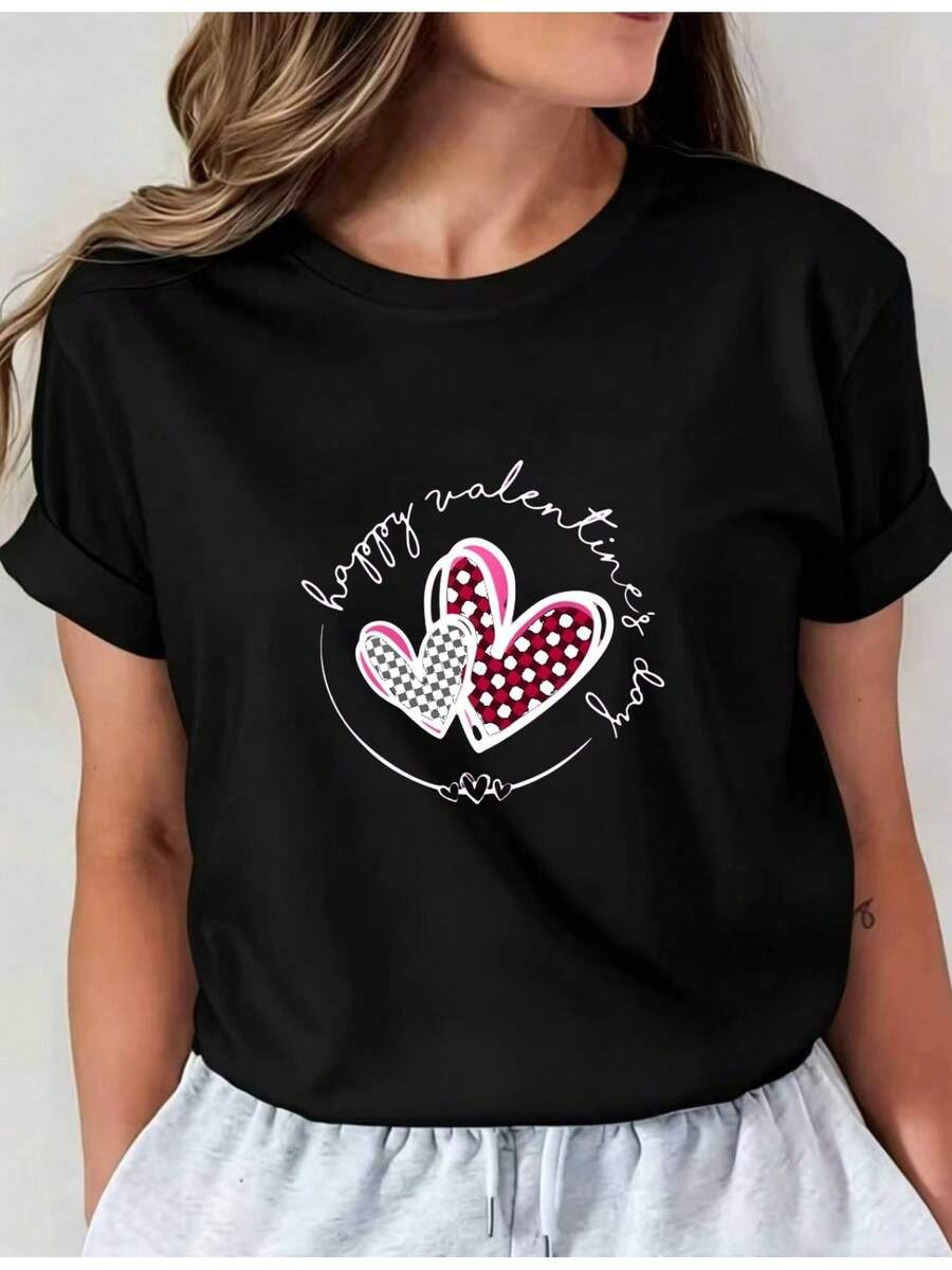 Camiseta Deportiva Casual para Mujer en Negro con Diseño de Corazón de Patrón Colorido - Camiseta Elástica de Cuello Redondo, Lavable aáquina, Ajuste Cómodo para Todas las Estaciones, Perfecta para Uso Diario. - Negro - Ver 1