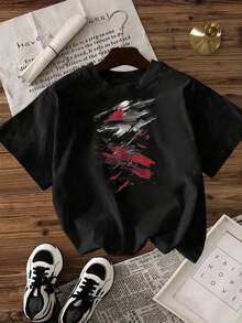 2026 Women's-Shirt Casual Loose Fit Black White Options Abstract Red Brushstroke Print Comfortable Daily Wear Shirts Summer Tops Graphic Tees Summer Outfits Women Graphic Tees Women Crop Tops Tops Women Vintage Cotton Cute Clothes Women Blusas Para Mujer Casual - Negro - Ver 3