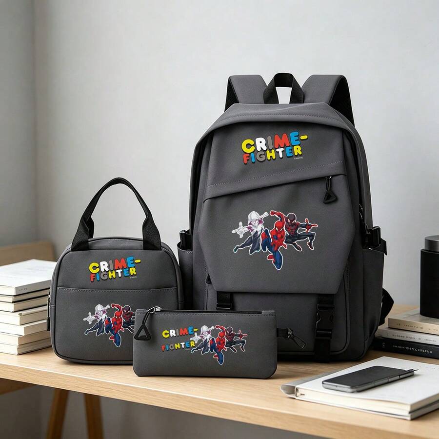 Miniso Marvel Spider-Man Trio Crime-Fighter 3 PiecesGrey Backpack Set Laptop Bag With Insulated Bag & Pencil Case Suitable For Office, Study And Travel - Grey - View 1