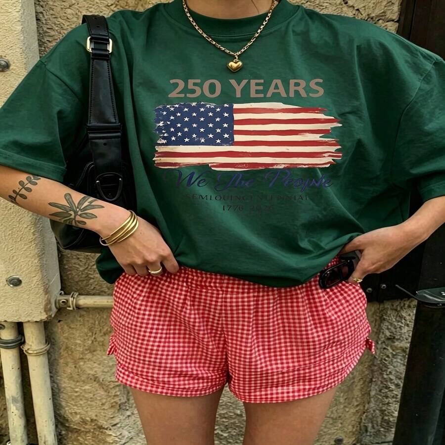 Heartfelt Daily Casual Graphic T-Shirt 100% Cotton Oversized Soft Breathable Casual Crewneck Short Sleeve Top Vintage Aesthetic Red Checkered Shorts Street Style Fashion Lovers Casual Wearers Daily Outfit Enthusiasts Gift Givers - 綠色 - 查看 1