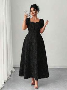 Vestido maxi de mujer talla grande con elegante estampado floral jacquard, cuello cuadrado y cintura ceñida.Adecuado para volver al colegio, graduación, San Valentín, Navidad, festivales de música, Día de la Madre, Halloween, Acción de Gracias, Pascua, baile de graduación, citas, temporada de bodas, excursiones al aire libre - Negro - Ver 4