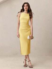 xheBizChic Vestido de tirantes finos con cintura fruncida y abertura lateral en color crema amarillento, moderno y elegante para uso urbano y diario, con estilo romántico retro de los 90. Adecuado para Navidad, Año Nuevo, San Valentín, fiestas, playa, graduación, moda, festivales, vacaciones, invitados de boda, anfitriona, citas, fiestas, conciertos, brunch, aeropuertoxhe - Amarillo - Ver 1