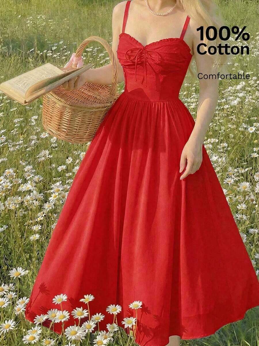 xheSHEIN MOD Vestido de mujer con estampado floral romántico francés de tirantes finos hasta la pantorrilla, vestido de San Valentín, vestidos de verano para mujer, ropa bohemia para mujer, vestido floral rosa, vestido de San Valentínxhe - Rojo - Ver 1