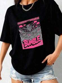Women's Summer Clothes: Stylish Short-Sleeve Blouse With 'BUNGLE' Graffiti Print And Vibrant Abstract Patterns In Pink And Black, Comfortable And Soft Fabric, Fun Design, Perfect As A Gift For Her. Women's Summer Clothes: Stylish Short-Sleeve Blouse, Loose Fit, Comfortable And Breathable For Everyday Wear. Breathable And Comfortable. - 黑色 4 - 查看 3