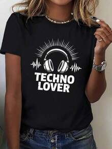 Women's Techno Graphic T-Shirt - Black Round Neck Short Sleeve T-Shirt, Breathable And Soft Beige Color, Casual Design With DJ Print, Perfect For Spring And Summer, Relaxed Fit, Techno Style, Breathable And Comfortable. - 黑色 7 - 查看 6