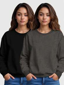 Set Of 2 Women's Plain Crew Neck Fleece Sweatshirts In Various Colors - Dark Grey - View 1