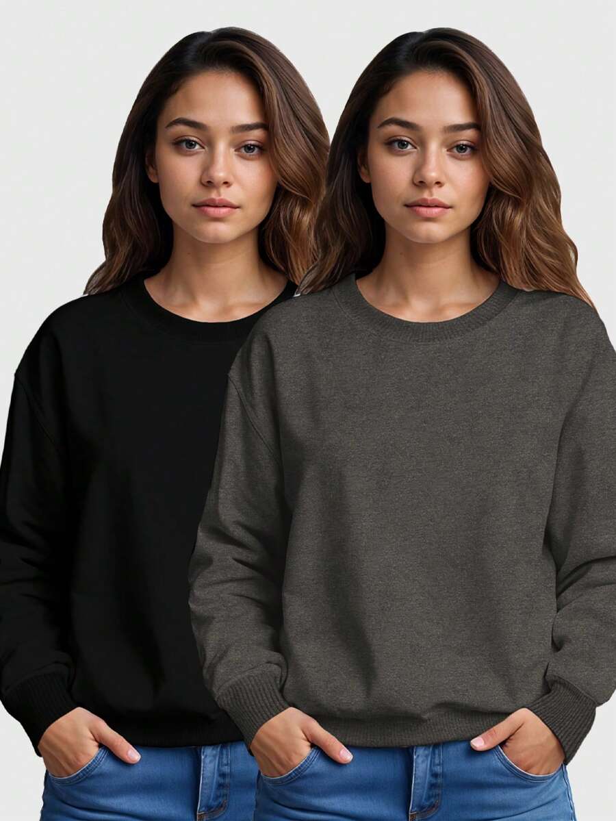 Set Of 2 Women's Plain Crew Neck Fleece Sweatshirts In Various Colors - Dark Grey - View 1