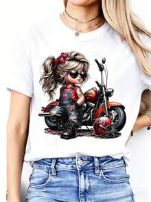 Women's T-Shirt With Cartoon Biker Girl Print Featuring A Red Motorcycle And Heart Details, Modern Heat-Print Design, Youthful Streetwear Style T-Shirt - 白色的 - 查看 4