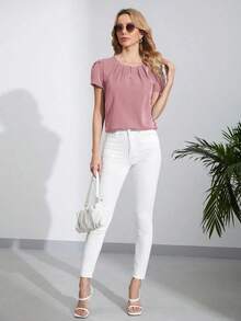 Camisa De Manga Abullonada Plisada De Color Liso Para Mujer - Rosa - Ver 3