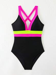 1 pieza Traje de baño de una pieza con nudo de corbata de halter y bloques de color para mujer - Negro - Ver 5