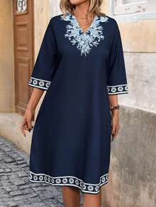 Vestido maxi casual y sencillo con estampado floral en el cuello, puños y dobladillo para mujer - Azul marino - Ver 3