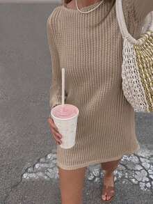 Vestido corto tipo capa de unicolor, informal, fresco, para vacaciones y playa, con adorno de encaje, de manga larga para mujer, para primavera/verano - Caqui - Ver 4