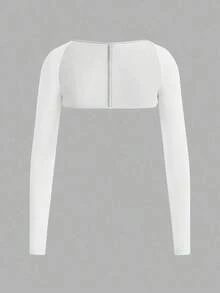 Blusa de manga larga ajustada y corta de unicolor para mujer - Blanco - Ver 5