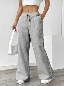Pantalones sueltos para mujer con rayas azules de tiro bajo para vacaciones y uso informal - Negro - Ver 6
