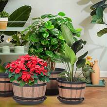 2/4pcs Vintage Whiskey Barrel Planter - Resin Striped Pattern, 2pcs Oval Plastic Pot With Drainage Hole & Saucer, Ideal For Herbs, Flowers, Succulents, Indoor & Outdoor Use - 2 cái cỡ trung bình - Xem 5