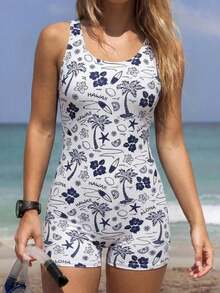 Traje de baño de una pieza con estampado floral retro y bloques de color con diseño sin espalda, de moda para el verano - Multicolor 2 - Ver 3