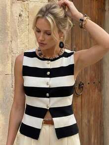 Blusa ajustada de punto con cuello redondo, botones metálicos asimétricos y bajo asimétrico con abertura frontal, estilo minimalista francés, de rayas blancas y negras, versátil de punto acanalado, para uso diario, vacaciones, primavera/verano/ot - Blanco y Negro - Ver 7