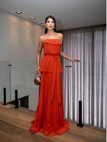 Long Strapless Chiffon Party Dress Without Glitter For Bridesmaids At A Daytime Wedding. - 紅陶 - 查看 1