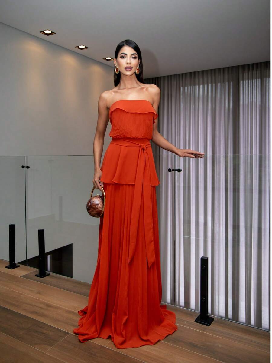 Long Strapless Chiffon Party Dress Without Glitter For Bridesmaids At A Daytime Wedding. - 紅陶 - 查看 1