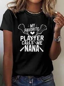 Camiseta estampada con la frase Mi jugador favorito me llama NANA, top casual de manga corta y cuello redondo, adecuada para verano y primavera, ropa de mujer - Camiseta unisex de algodón holgada de manga corta y cuello redondo estilo vintage urbano. - Negro - Ver 6