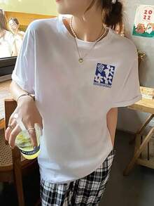 Women's Short-Sleeved T-Shirt With Leaf Print, Y2K Summer Style, , Versatile, Loose-Fitting, And With A Round Neck - [白色的] - 查看 2