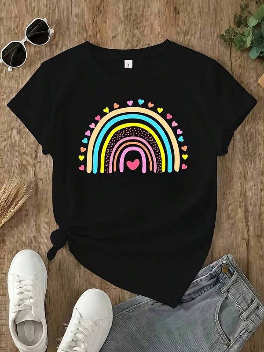 New 2026 Women's T-Shirts: A Unique T-Shirt With A Vibrant Rainbow And Heart Design, Ideal For Y2K Style Lovers. Perfect For Every Occasion, It Highlights Your Originality And Joy With Every Step. Available In Limited Sizes, Don't Miss Out! - 黑色 - 查看 1